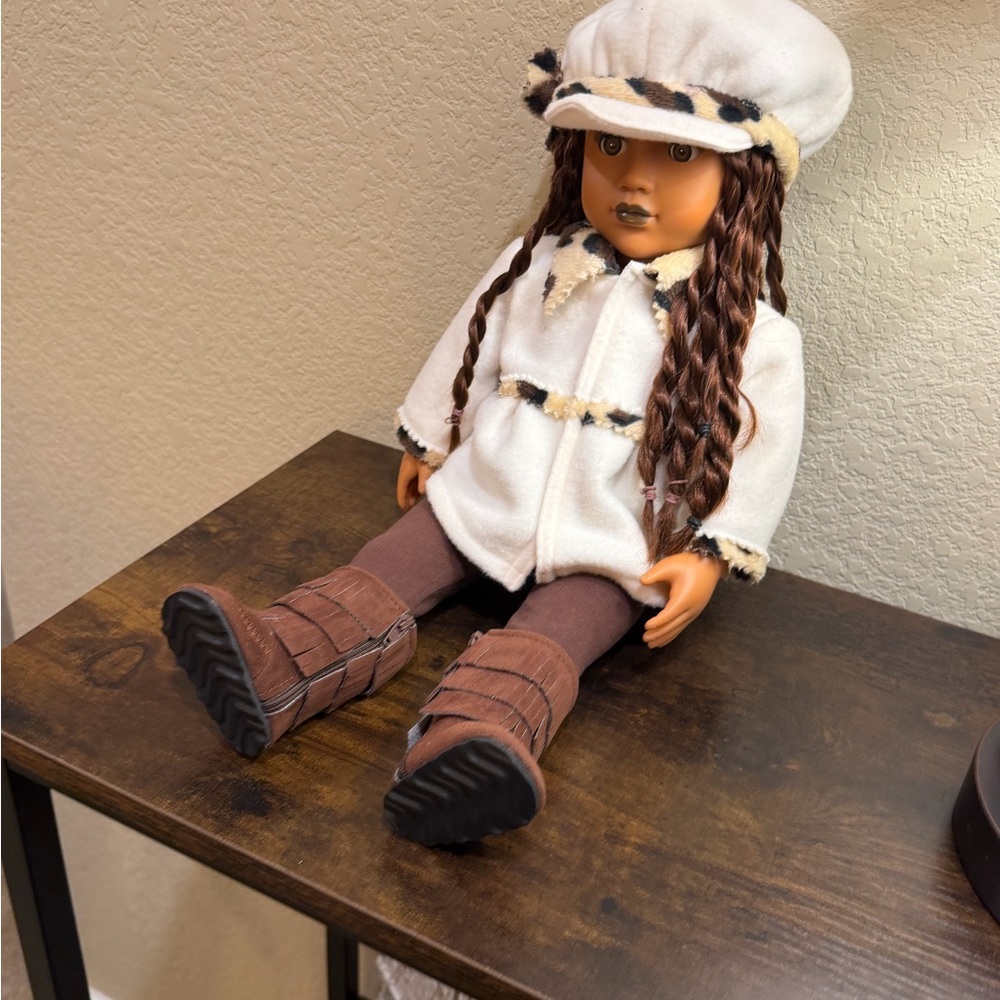 Kids Fashion Doll in Cream Coat with Brown Boots and Braided Hair